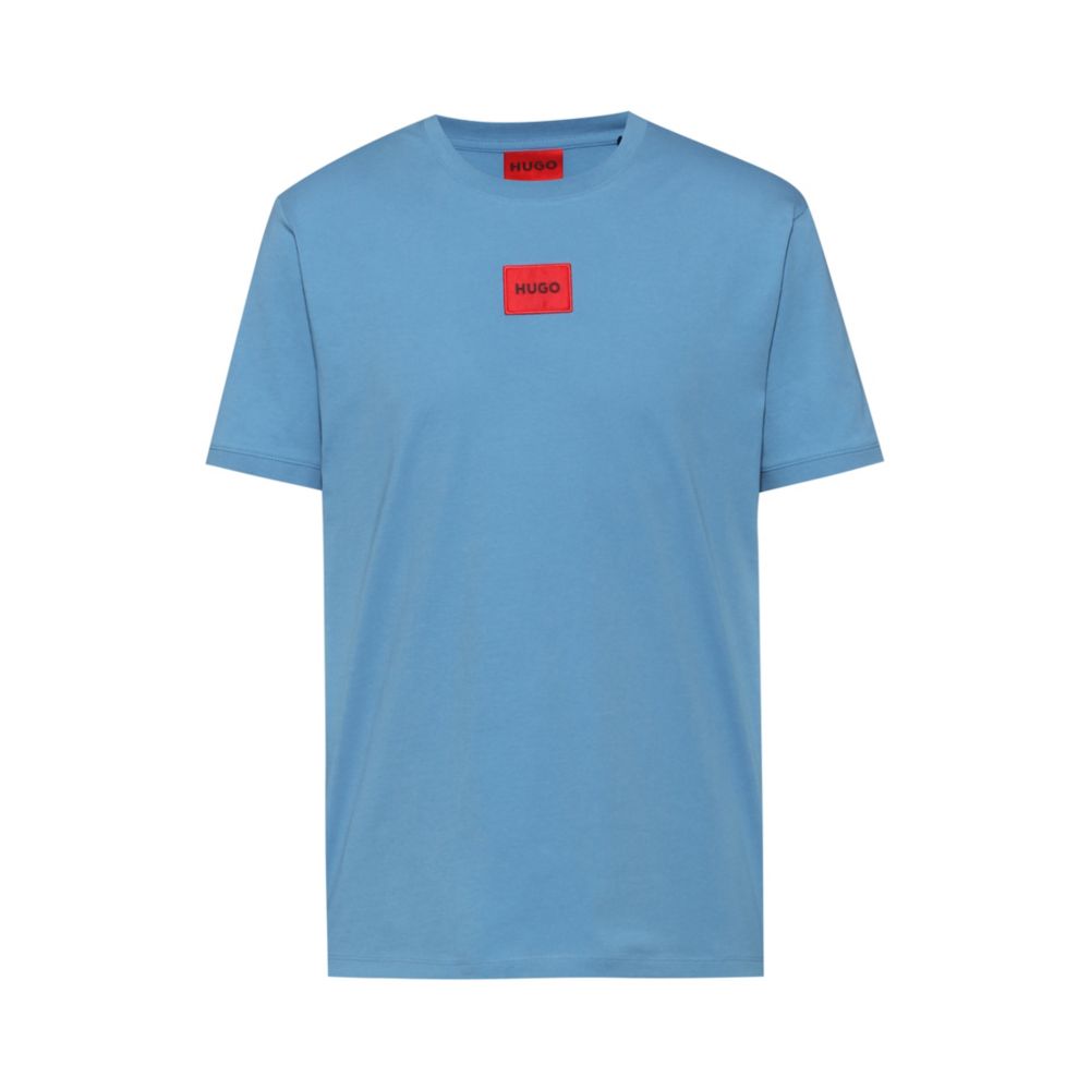 Hugo Regular-fit Cotton T-shirt With Red Logo Label In Blue