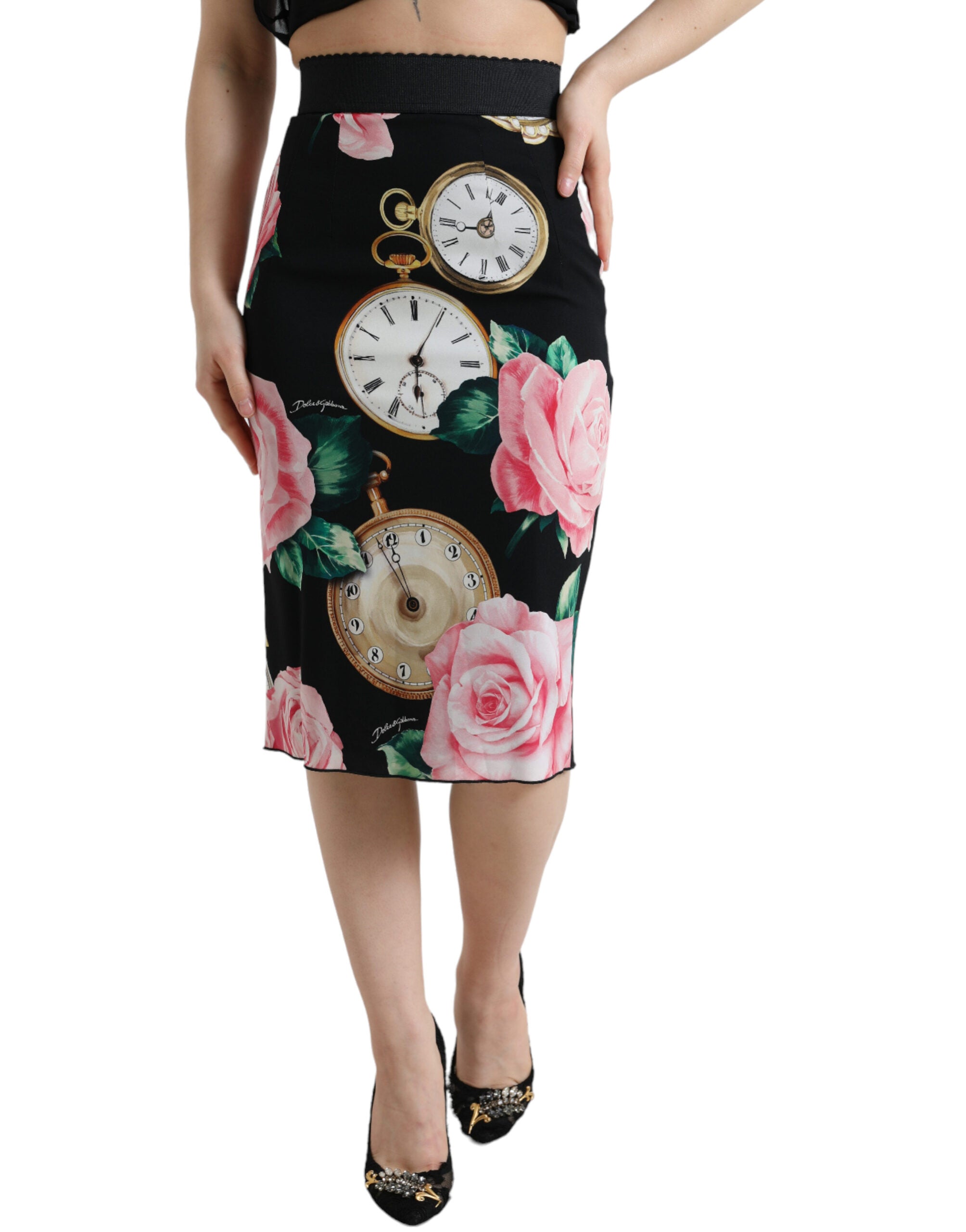 DOLCE & GABBANA Dolce & Gabbana  Rose Clock High Waist Pencil Cut Women's Skirt