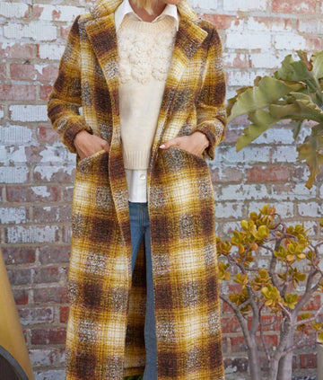 Eva Franco longline plaid coat in yellow plaid