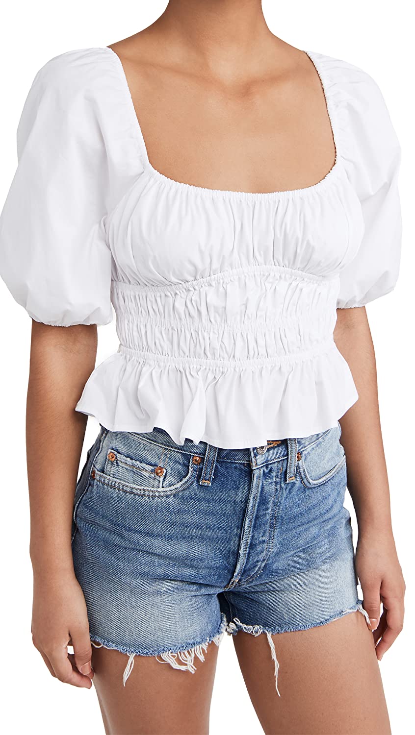 Shop Staud Women's Faye Puff-sleeve Ruched Smocked Crop Top Solid White