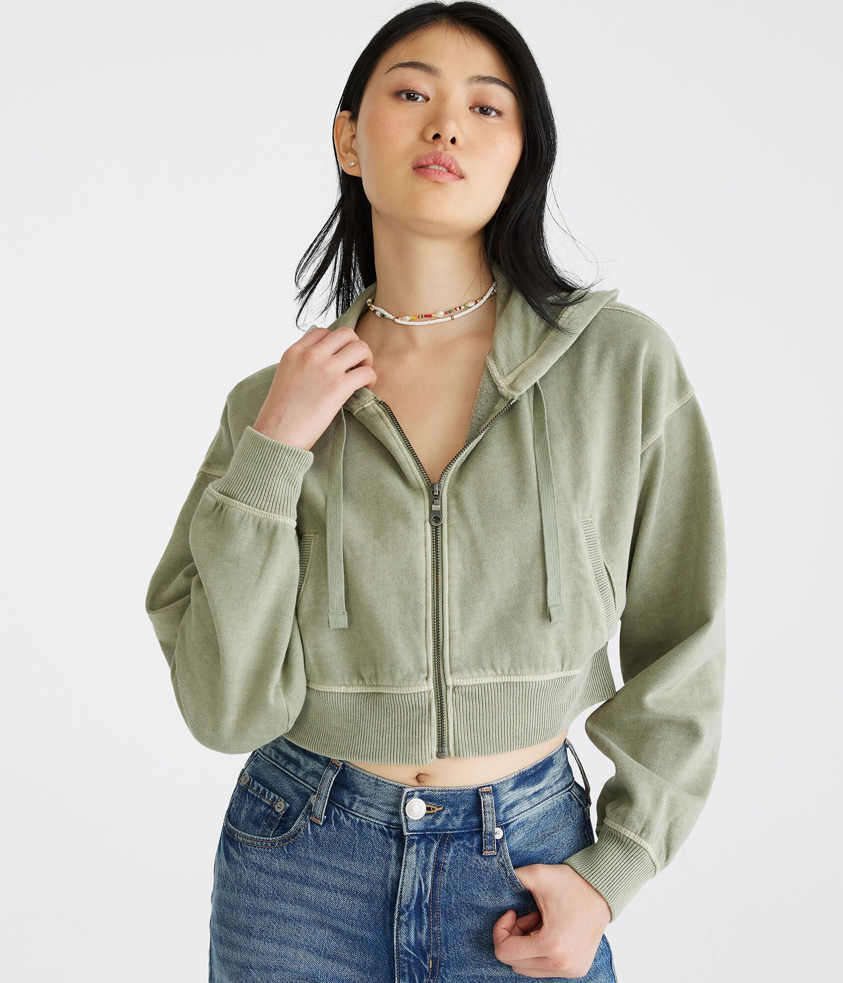 Shop Aéropostale Solid Cropped Full-zip Hoodie In Green