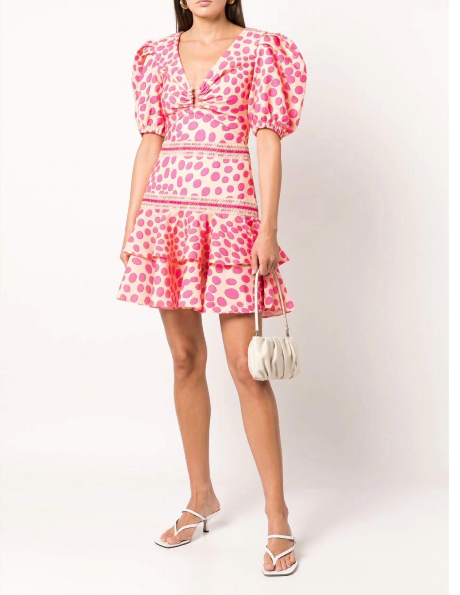 PATBO Bossa Lace Trim Puff Sleeve Layered Mini Dress in Pink / Apricot