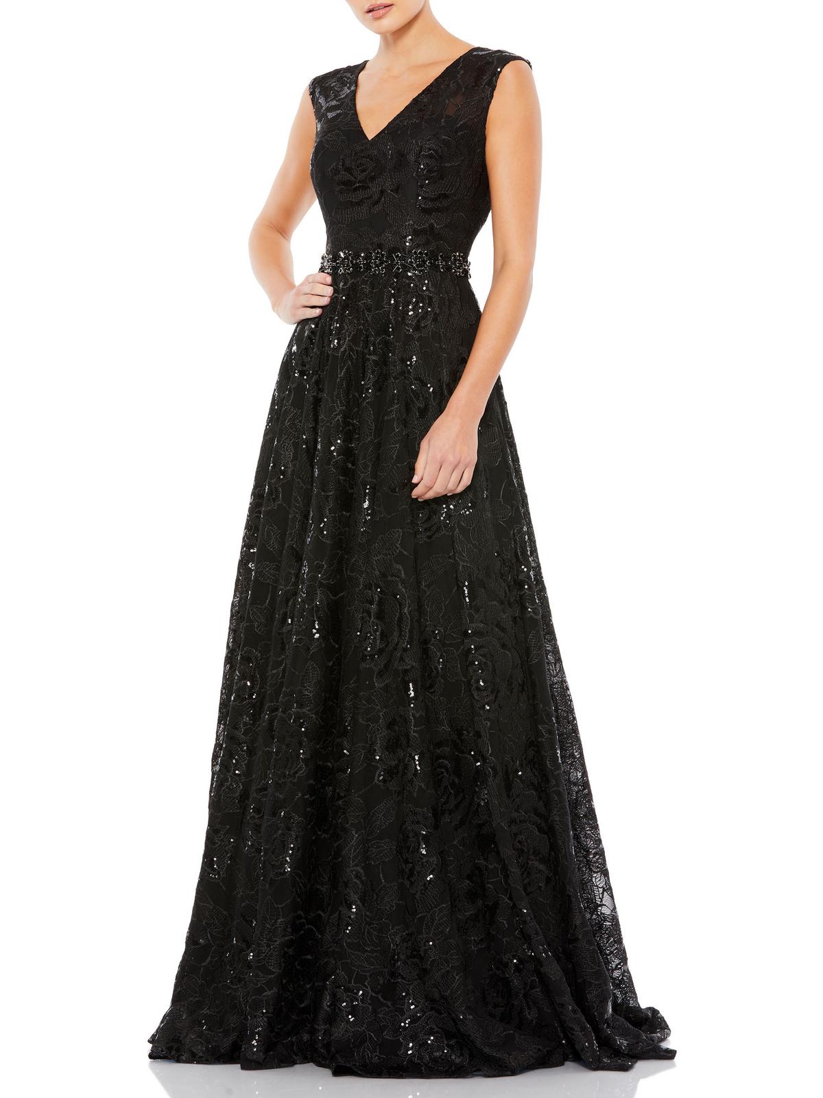 Shop Mac Duggal Womens Embroidered Sequin Evening Dress In Black