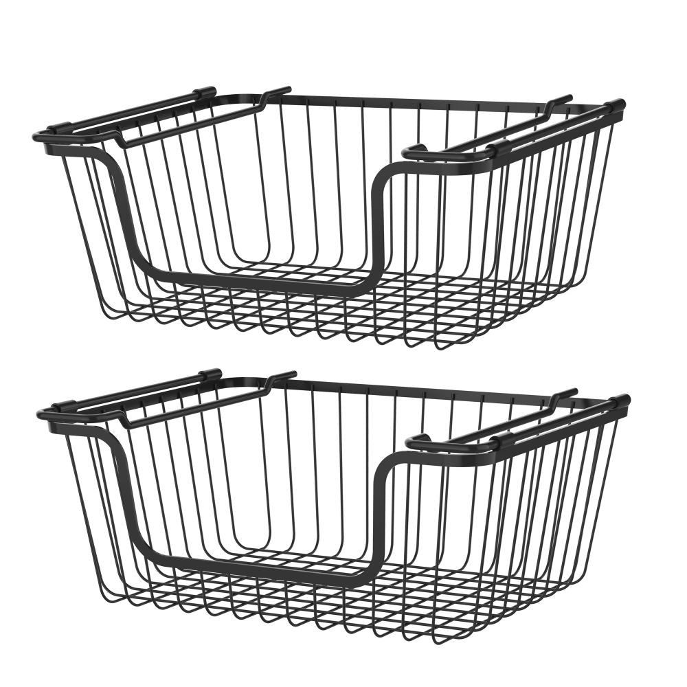 Oceanstar Stackable Metal Wire Storage Basket Set For Pantry, Countertop, Kitchen Or Bathroom - Black, Set Of