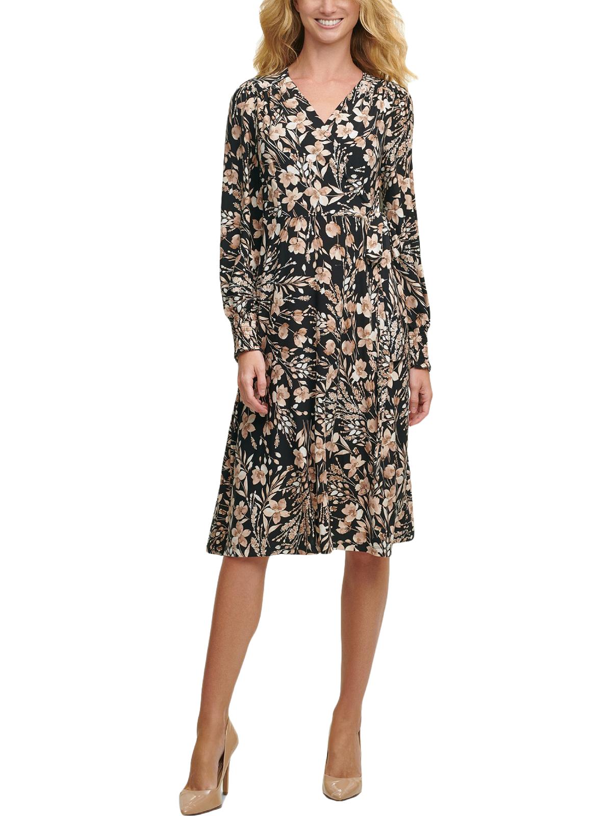 Tommy Hilfiger Womens Puff Sleeve Floral Wrap Dress In Black