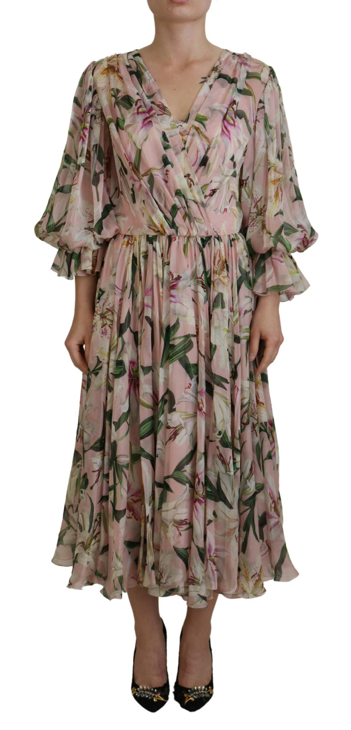 DOLCE & GABBANA Dolce & Gabbana  Lily Print Silk A-line Pleated Maxi Women's Dress