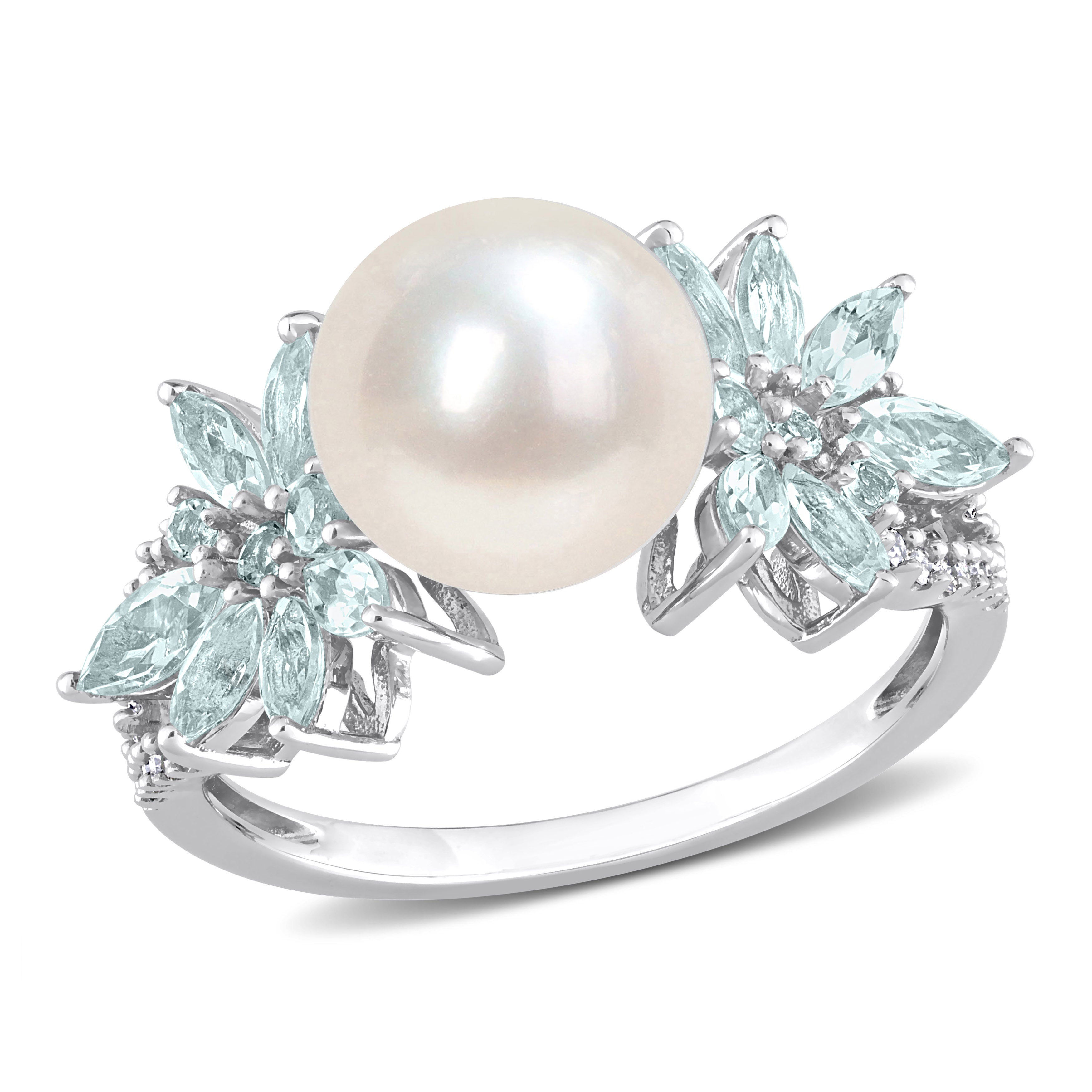 Shop Mimi & Max 9-9.5mm Cultured Freshwater Pearl And 3/5ct Tgw Aquamarine And 1/8ct Tw Diamond Flower Ring In 14k W In Multi