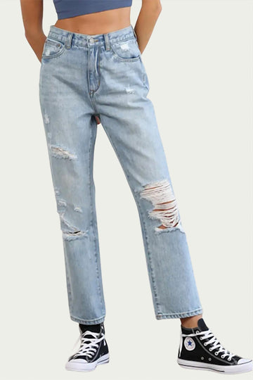 By Together distressed high-rise straight-leg jeans in light blue