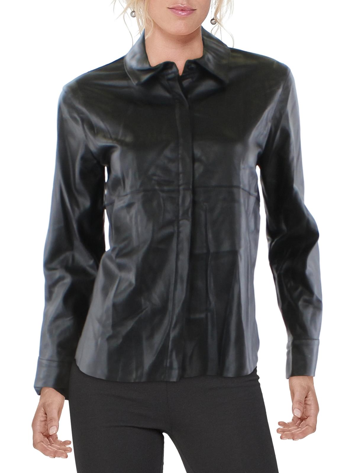 Shop Gracia Womens Faux Leather Collar Button-down Top In Black