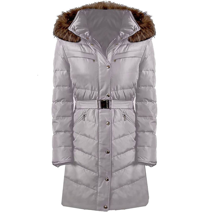 Michael Kors 3/4 Belted Faux Fur Hood Puffer Coat in Nickel Light Gray |  Shop Premium Outlets