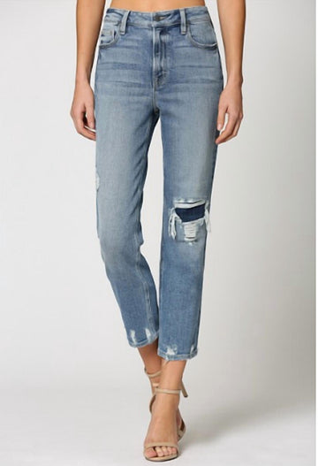 Hidden super soft distressed knee slim mom jean in blue