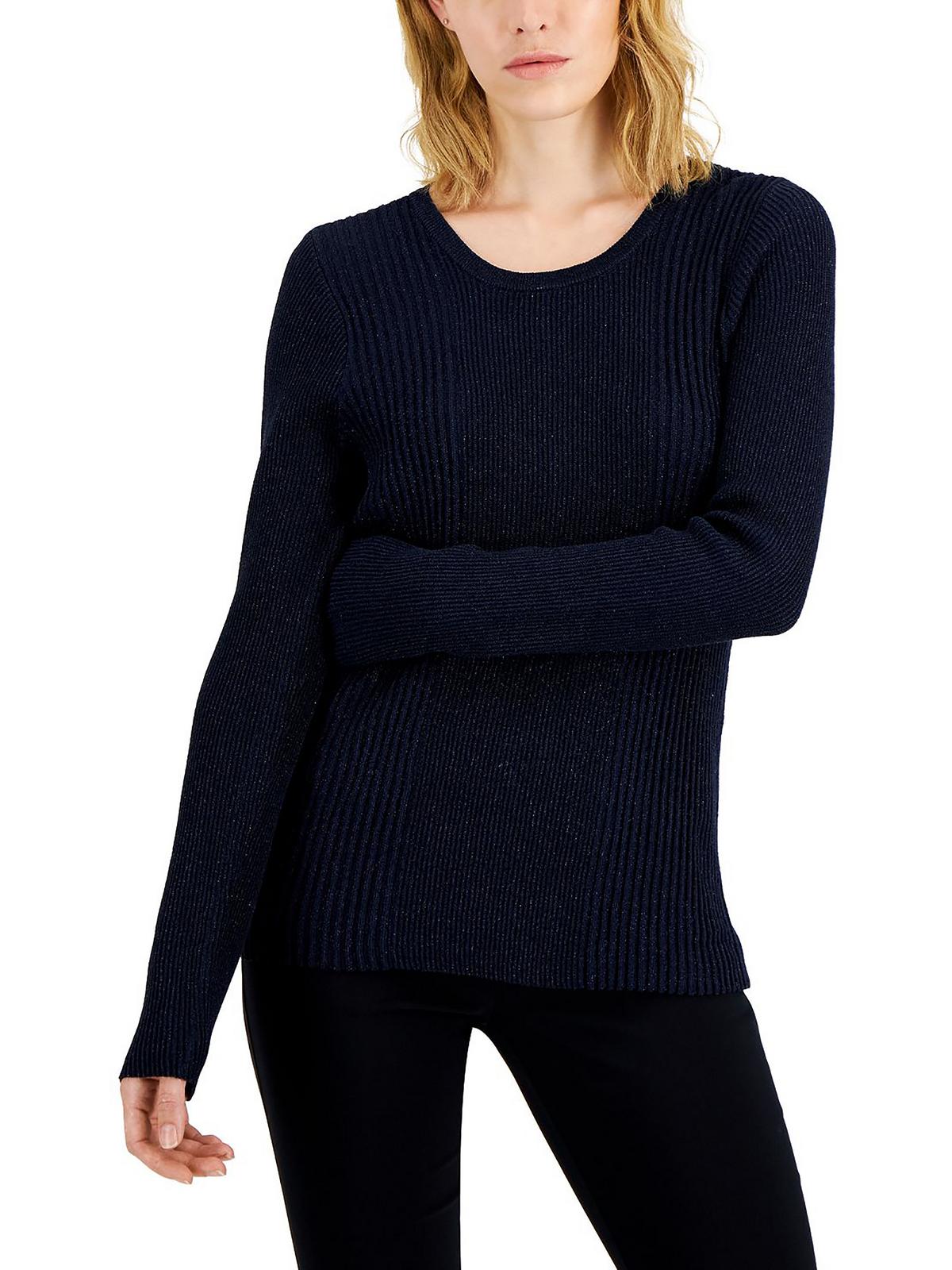 Shop Alfani Womens Metallic Ribbed Crewneck Sweater In Blue