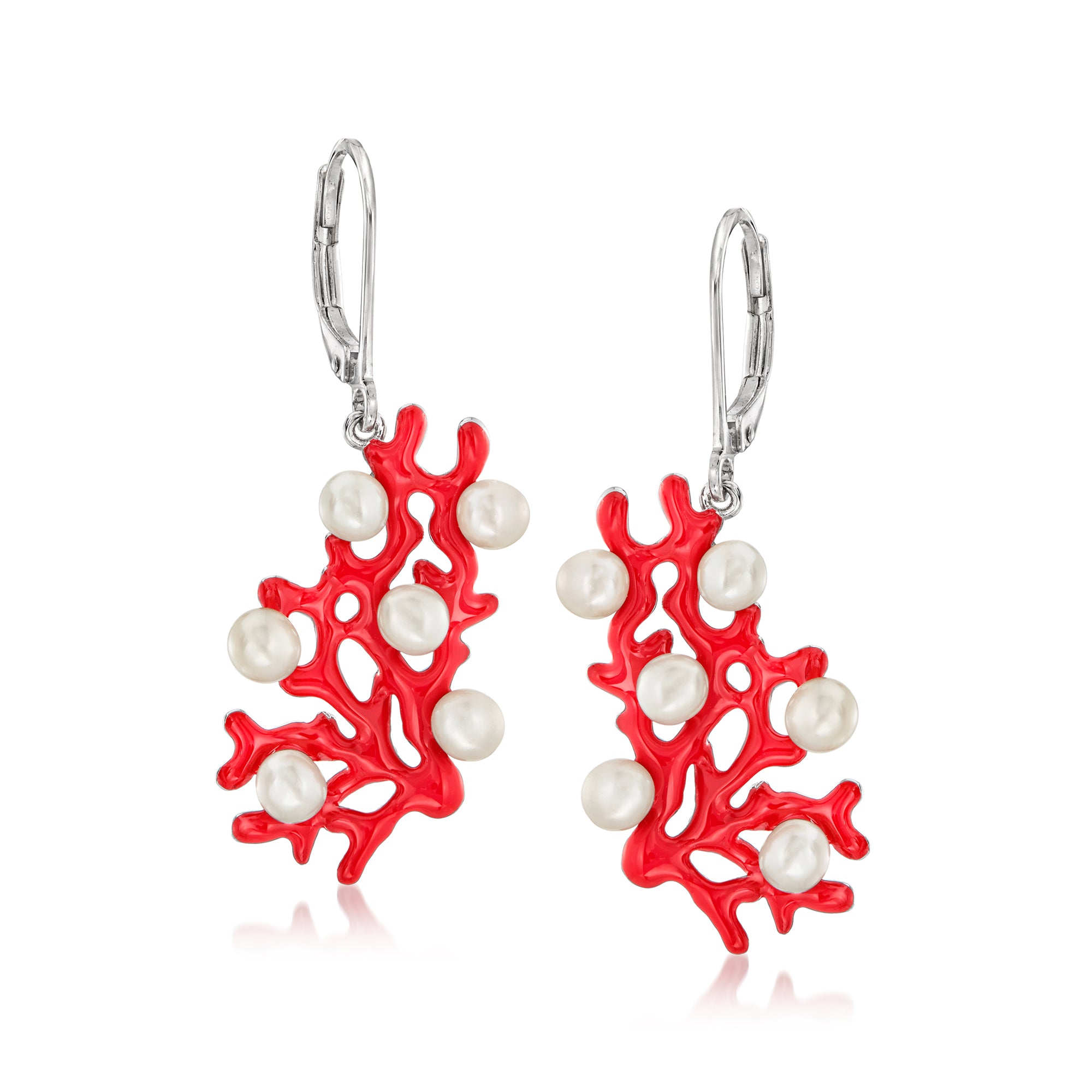 Shop Ross-simons 3.5-4mm Cultured Pearl And Red Enamel Coral Reef Drop Earrings In Sterling Silver