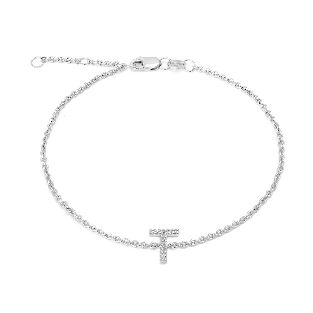 Sterling Silver Letters Single Micro Pave Diamond Bracelet (Silver Diamond M Initial Bracelet 7+1)