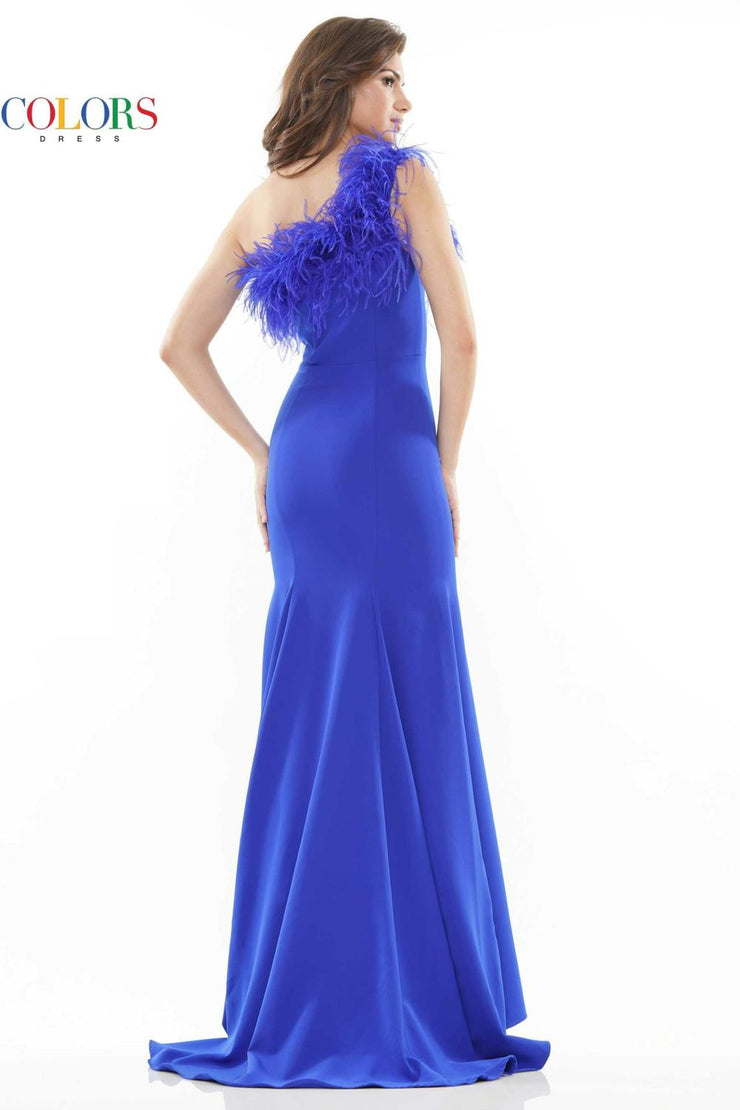 Colors Dress One Shoulder Feather Evening Gown in Royal Blue