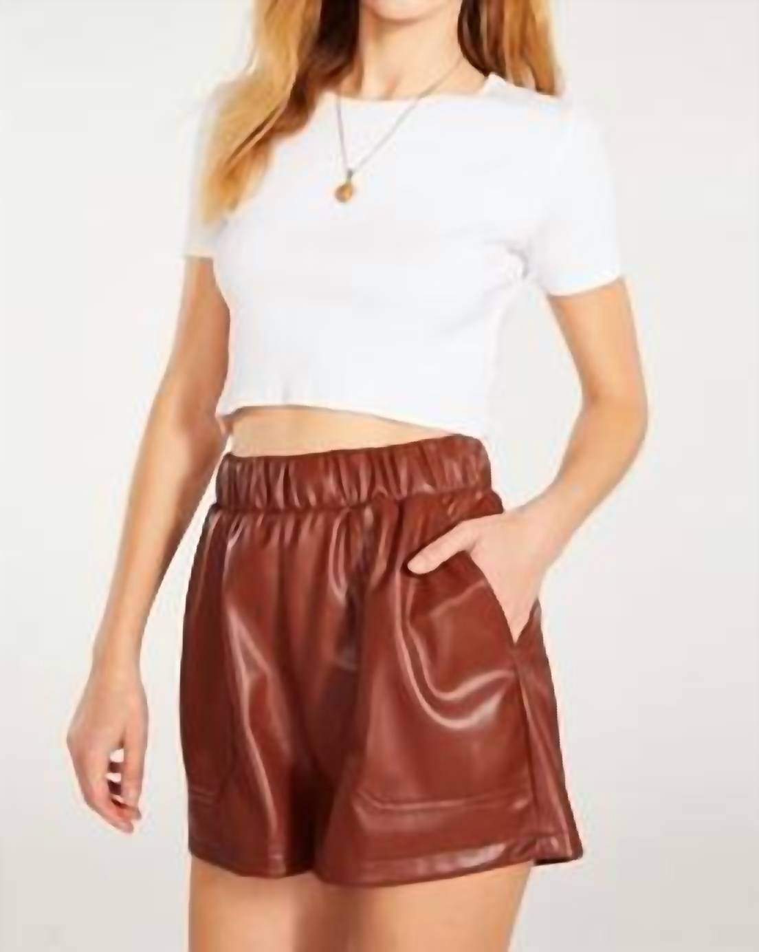 Steve Madden Faux The Record Faux Leather Shorts In Brown