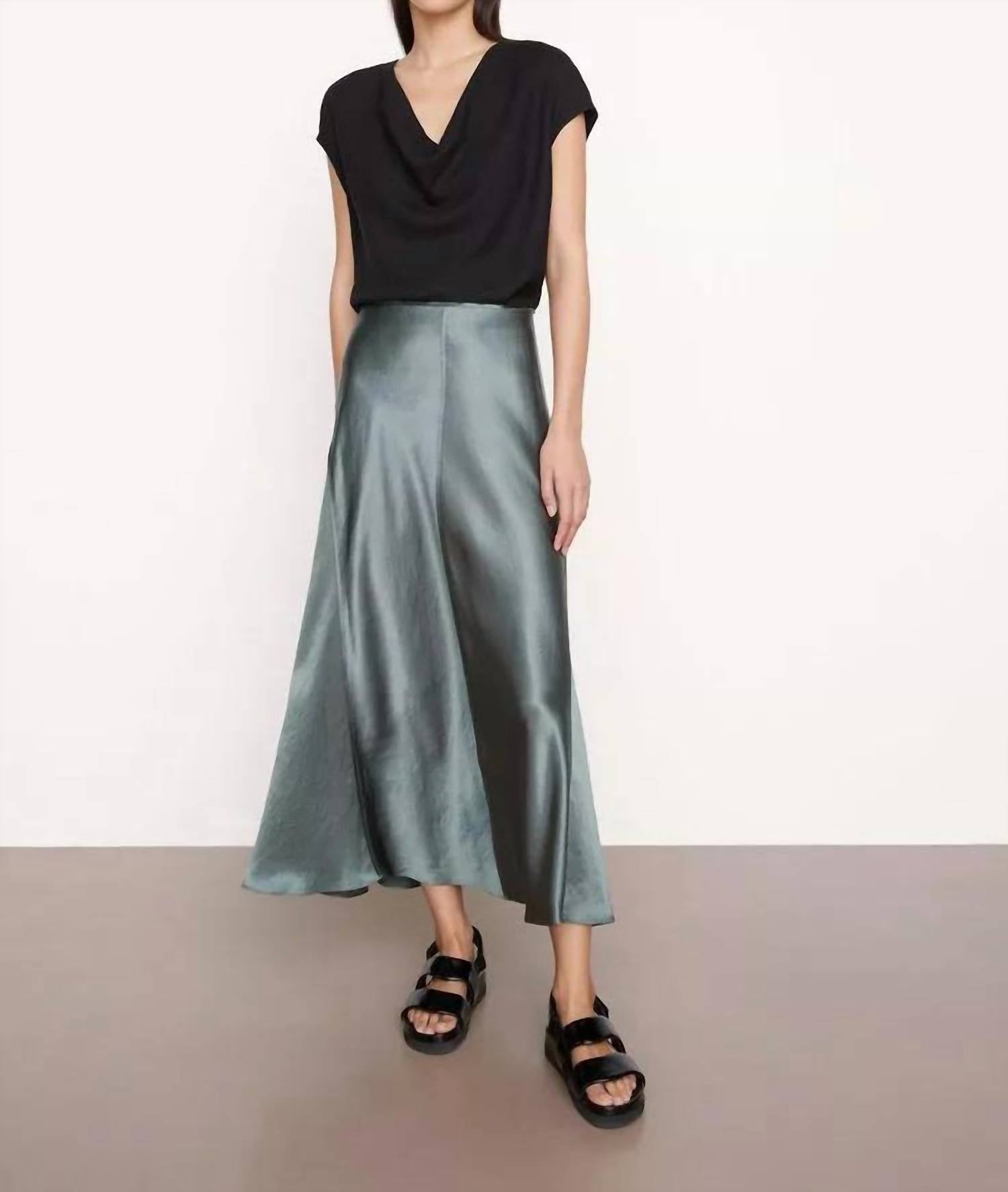 VINCE Raw Edge Paneled Slip Skirt in Deep Aegean