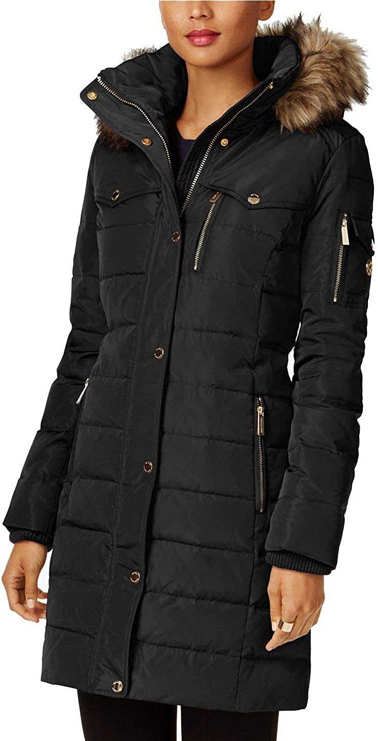 Shop Michael Michael Kors Michael Kors Faux Fur Trim Down Puffer Coat-black
