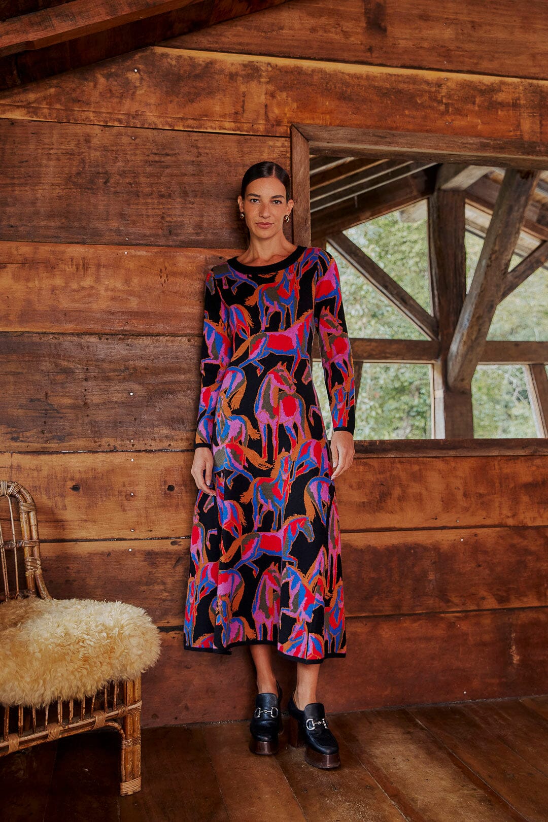 Shop Farm Rio Women Wild Horses Black Cut Out Knit Midi Dress Multi