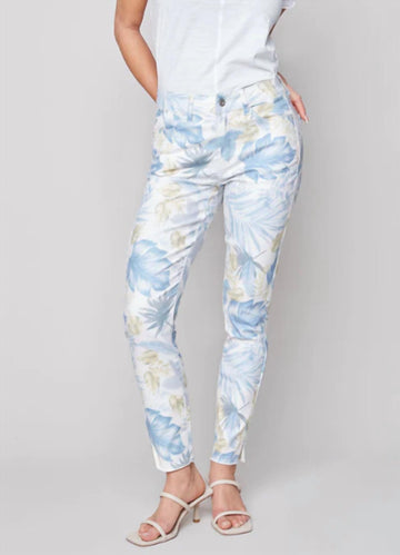 Charlie B printed twill ankle pant - c5139-534b in coastal leaf