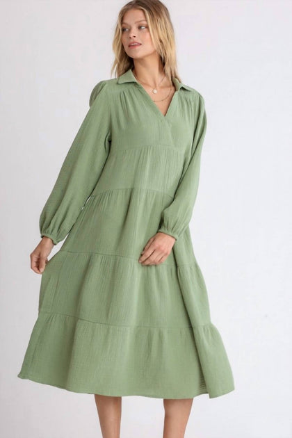 umgee Gauze Long Sleeve Tiered Maxi Dress In Sage | Shop Premium Outlets
