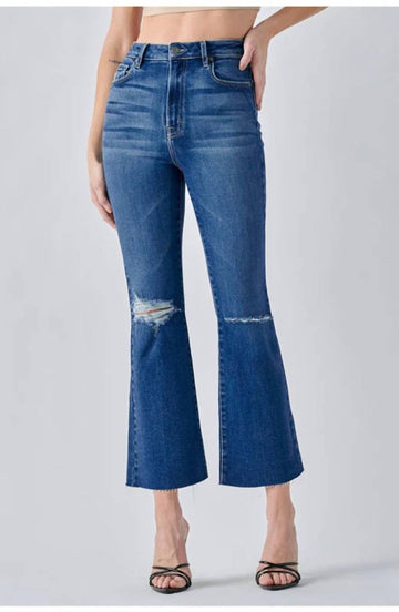 Hidden troy ultra high rise crop flare denim in dark blue