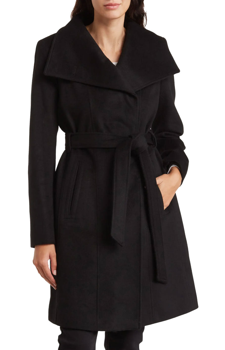 Shop Michael Michael Kors Wool Belted Wrap Solid Black Coat