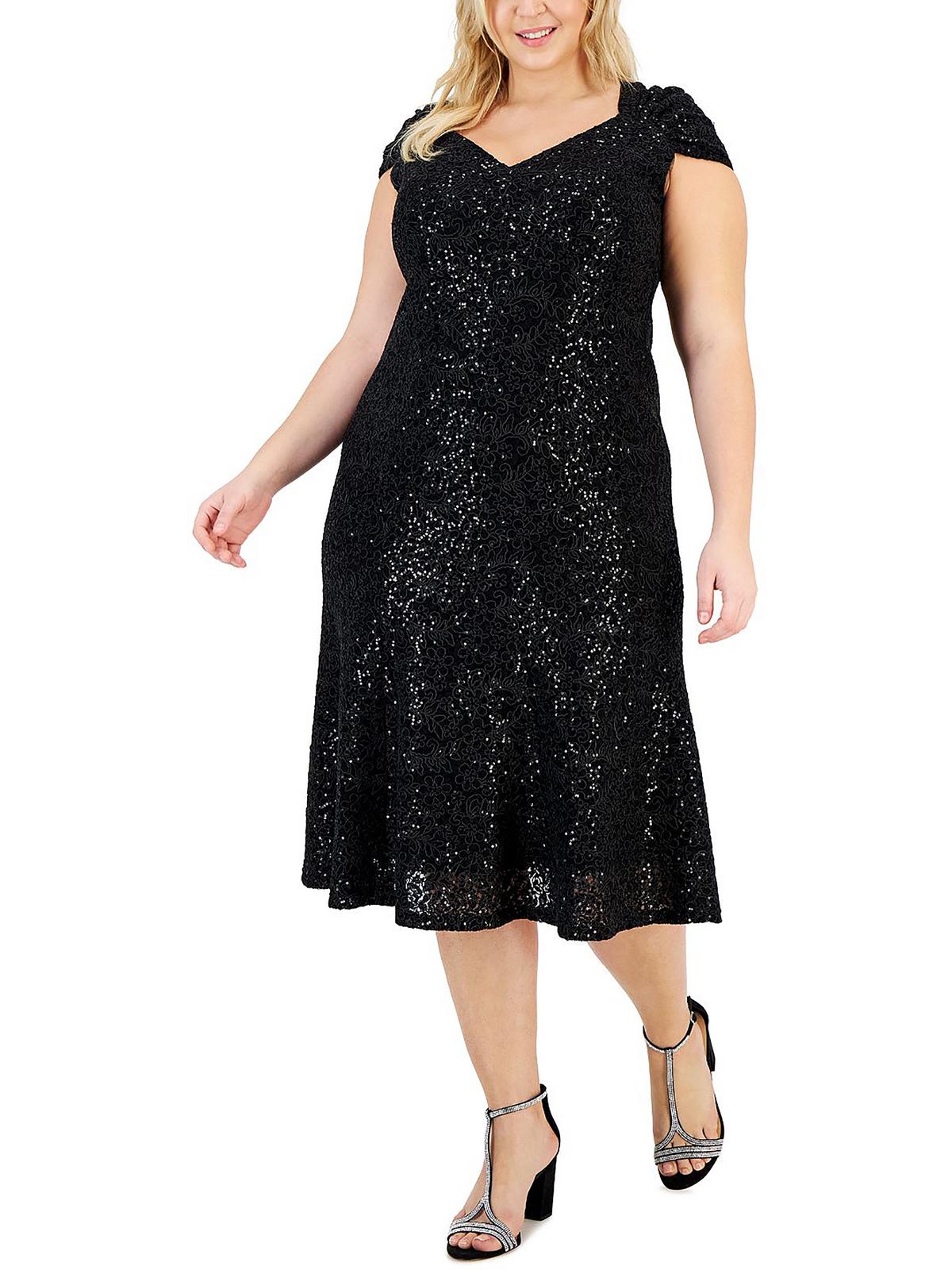 Shop Alex Evenings Plus Womens Sequins Deep V Cocktail And Party Dress In Black