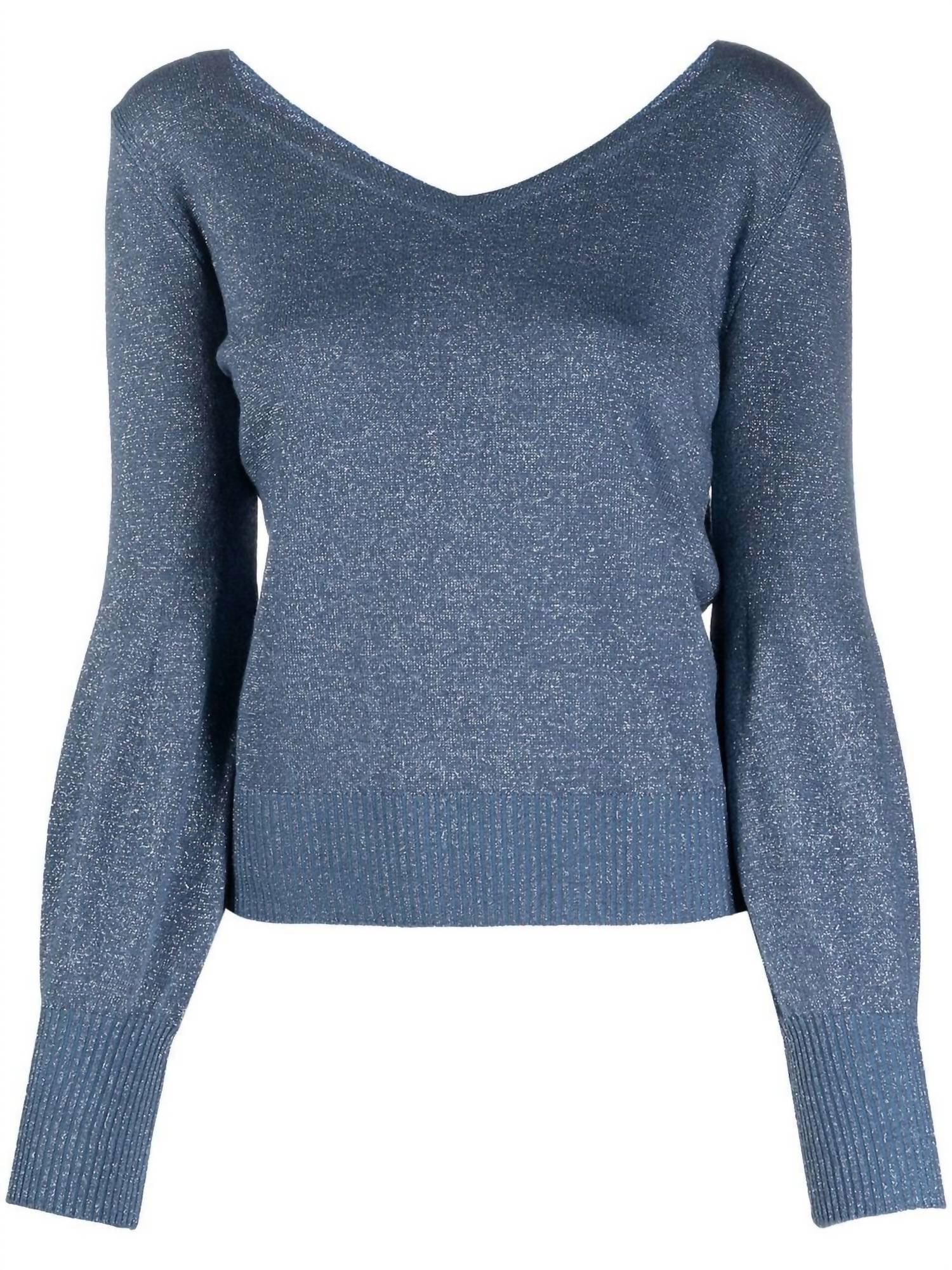 D-EXTERIOR V-Neck Lurex-Knit Sweater in Blue Pavone