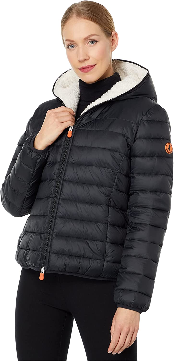 Shop Save The Duck Women's Gwen Hooded Sherpa Black Coat Jacket