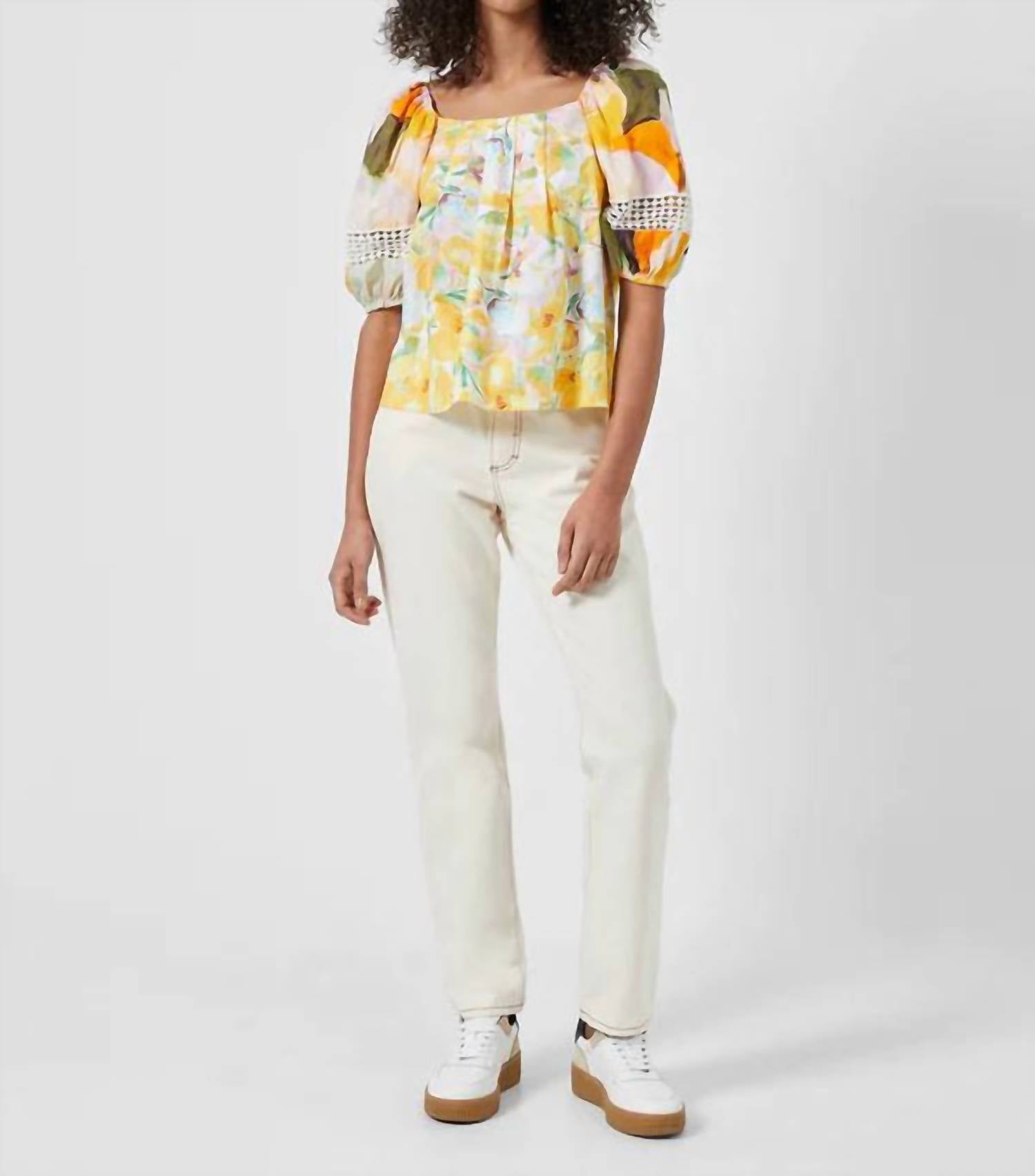 FRENCH CONNECTION Isadora Patch Organic Poplin Bardot Top in Golden Glaze/Beeswax