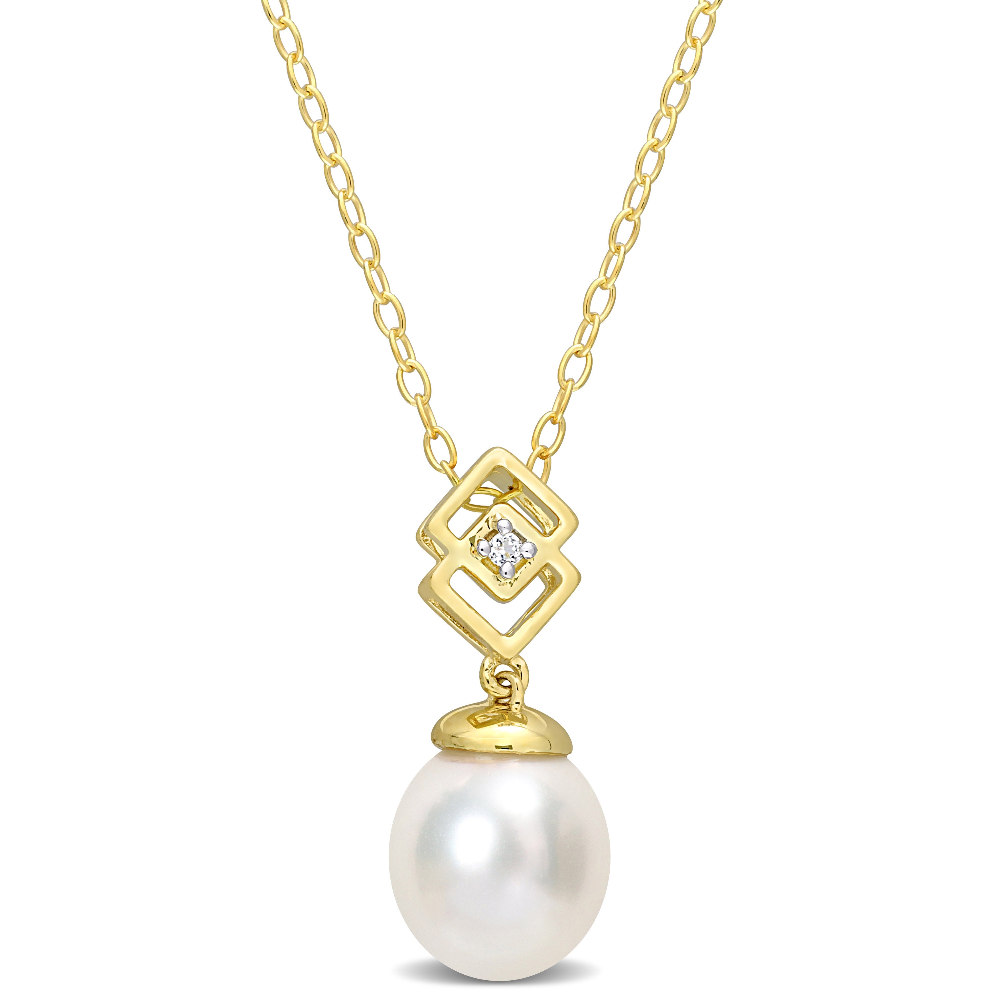 Shop Mimi & Max 8-9mm South Sea Cultured Pearl And White Topaz Drop Pendant With Chain In Yellow Silver In Multi