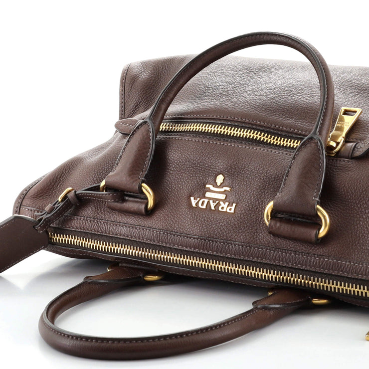 Prada Brown Vitello Leather Daino Front Zip Convertible Satchel Bag
