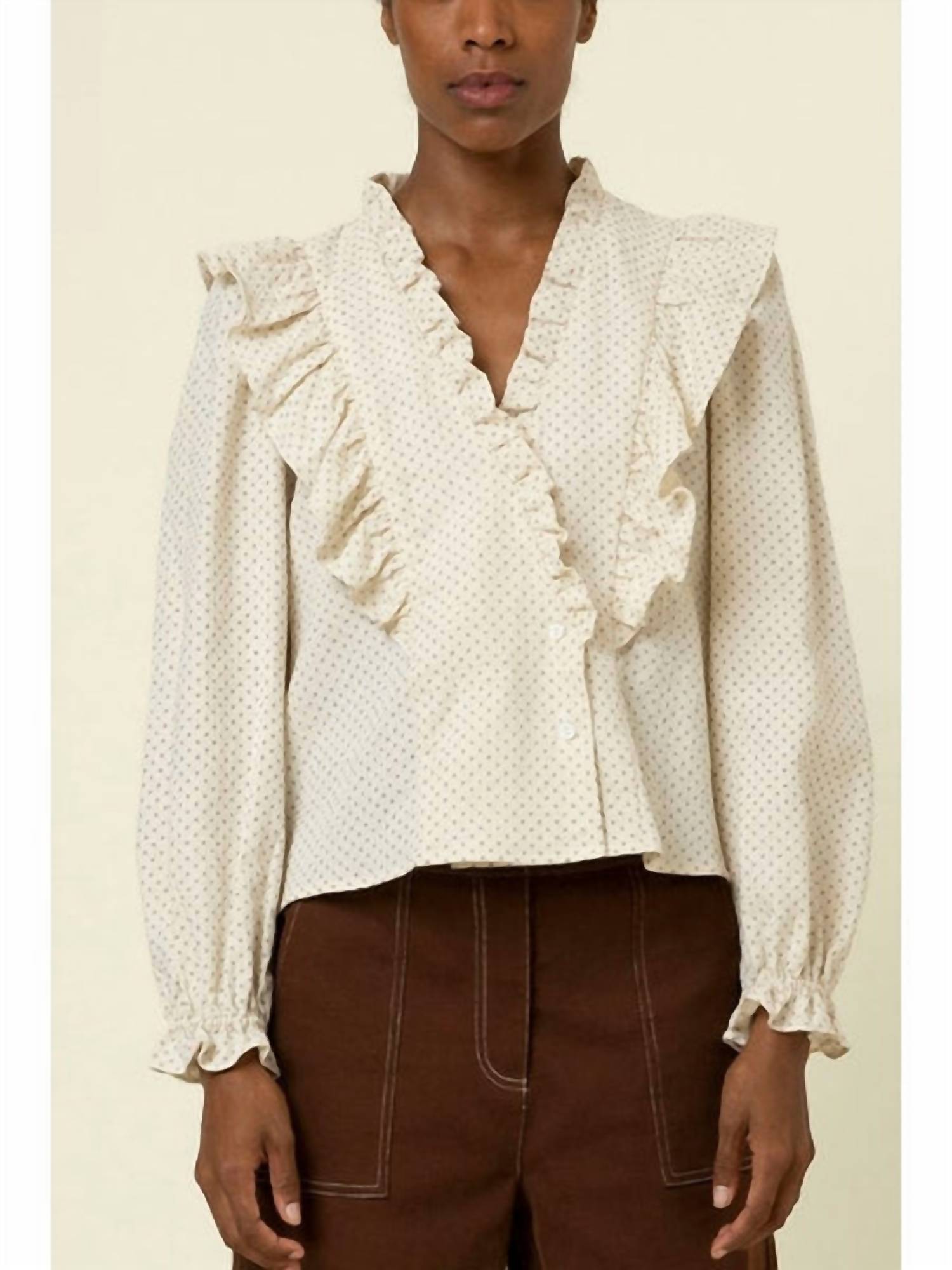 FRNCH Taya Ruffle Front Woven Blouse in Off White