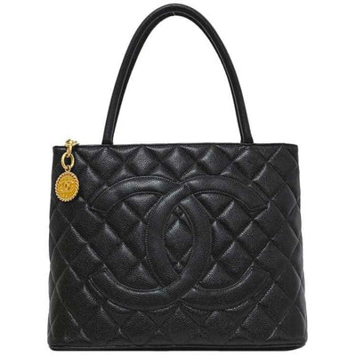 Chanel Vintage Chanel Medallion Black Quilted Caviar Leather Tote Bag