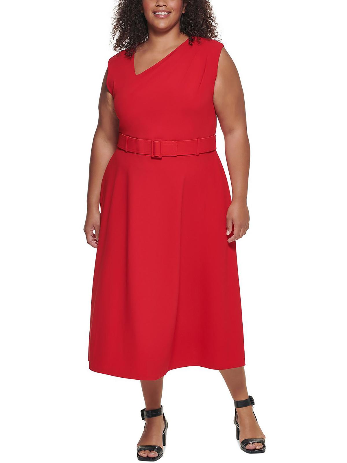 Calvin Klein Plus Womens Belted Asymmetric Wear To Work Dress In Red |  ModeSens