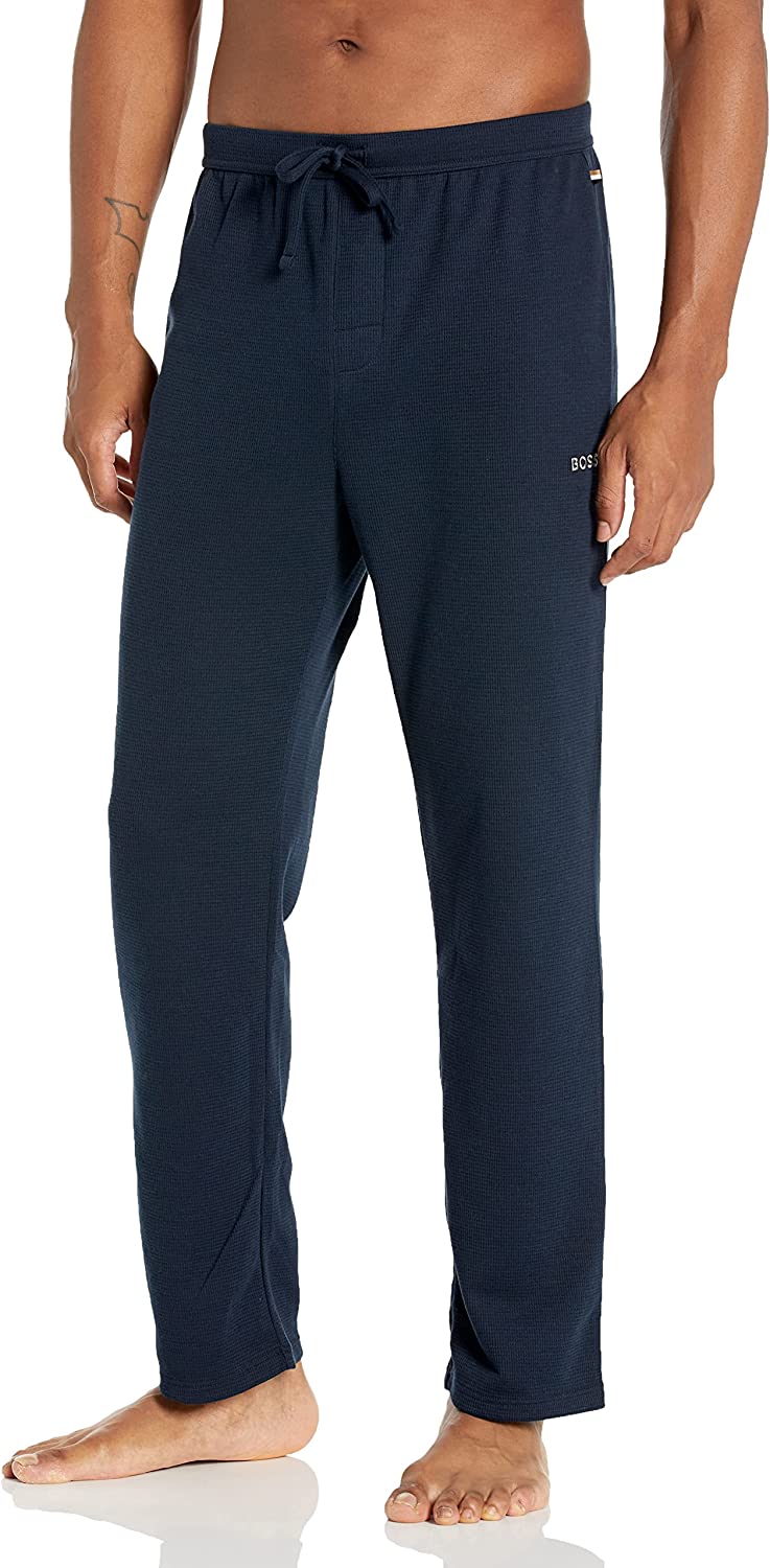 Shop Hugo Boss Mens Waffle Cotton Blend Lounge Sweatpants, Navy Blue Track Pants