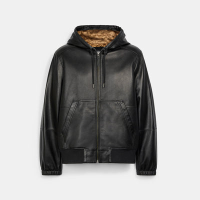 Hugo Boss Monogram-embossed Hooded Leather Jacket In Black