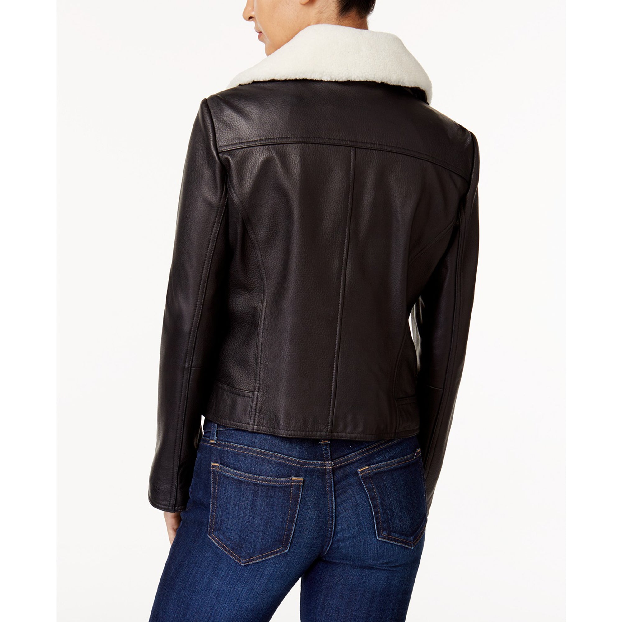 Shop Michael Michael Kors Black Leather Jacket With Shearling Collar
