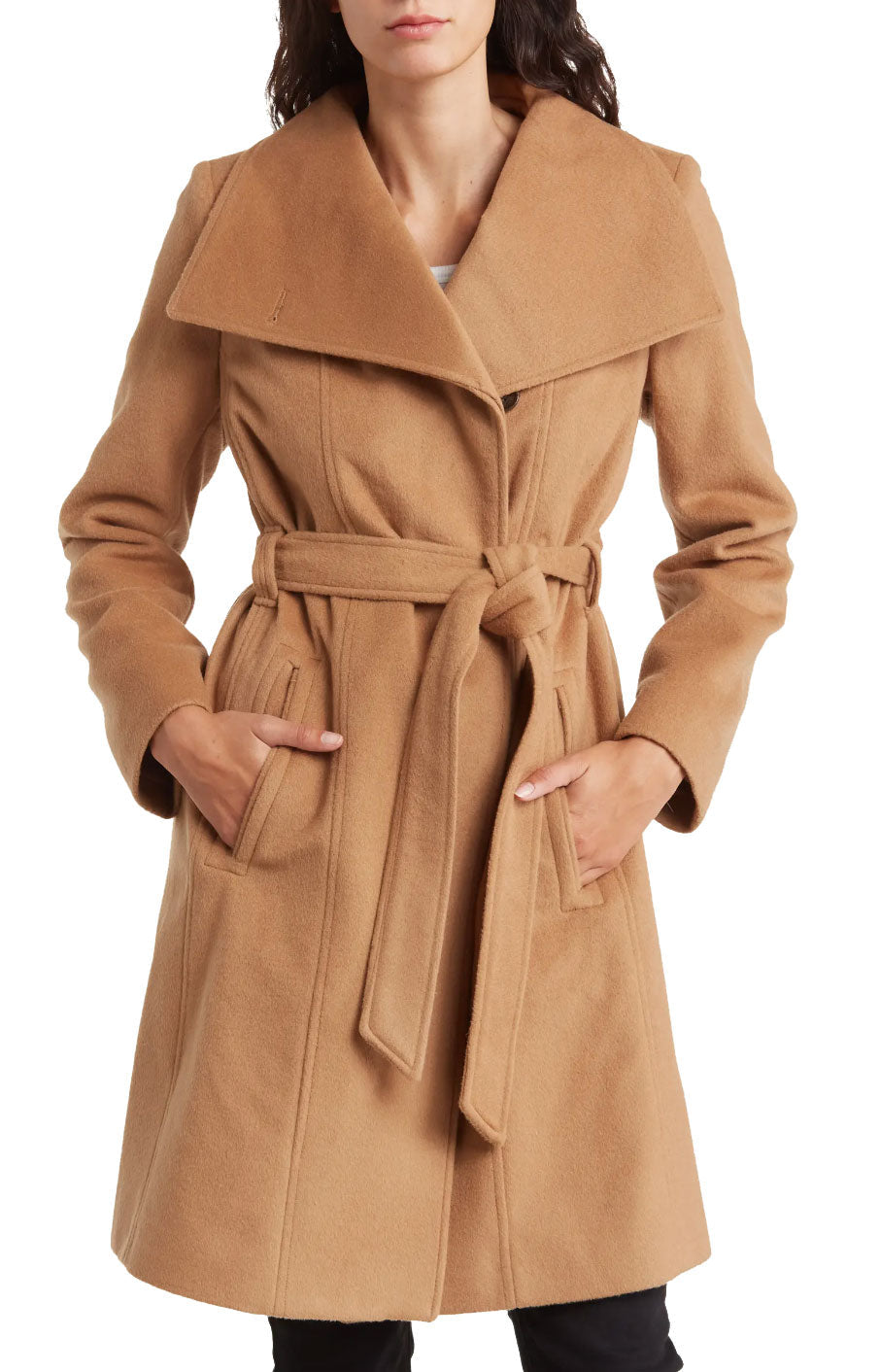 Shop Michael Michael Kors Wool Belted Wrap Solid Camel Coat In Brown