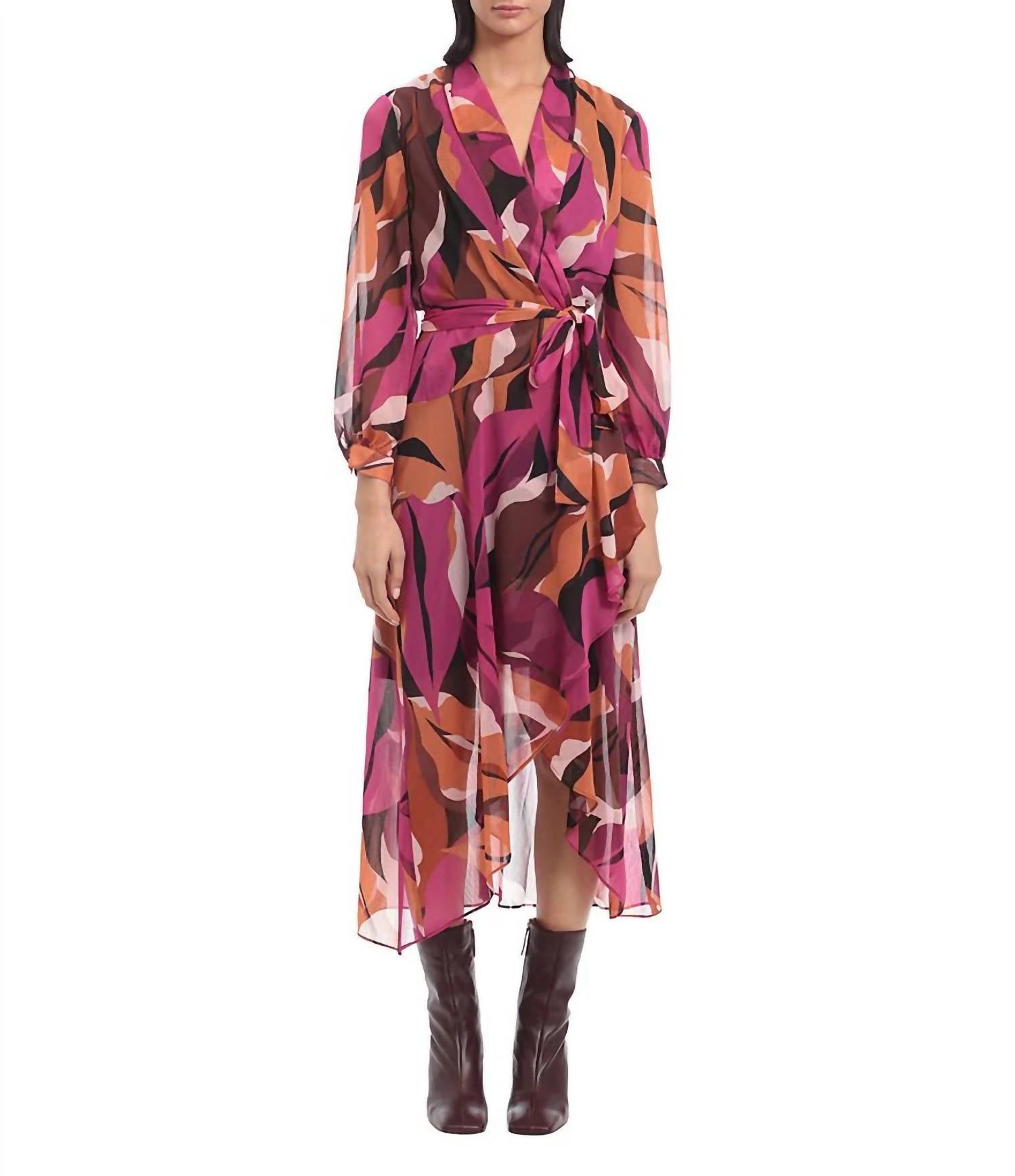 DONNA MORGAN Wrap Front Midi Dress in Black/Fuschia