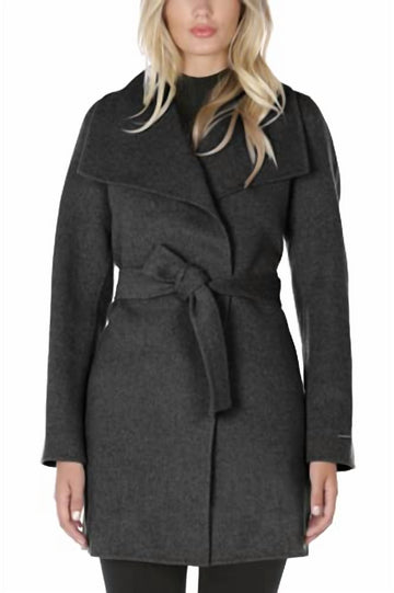 Elie Tahari wool wrap coat with tie belt in deep charcoal