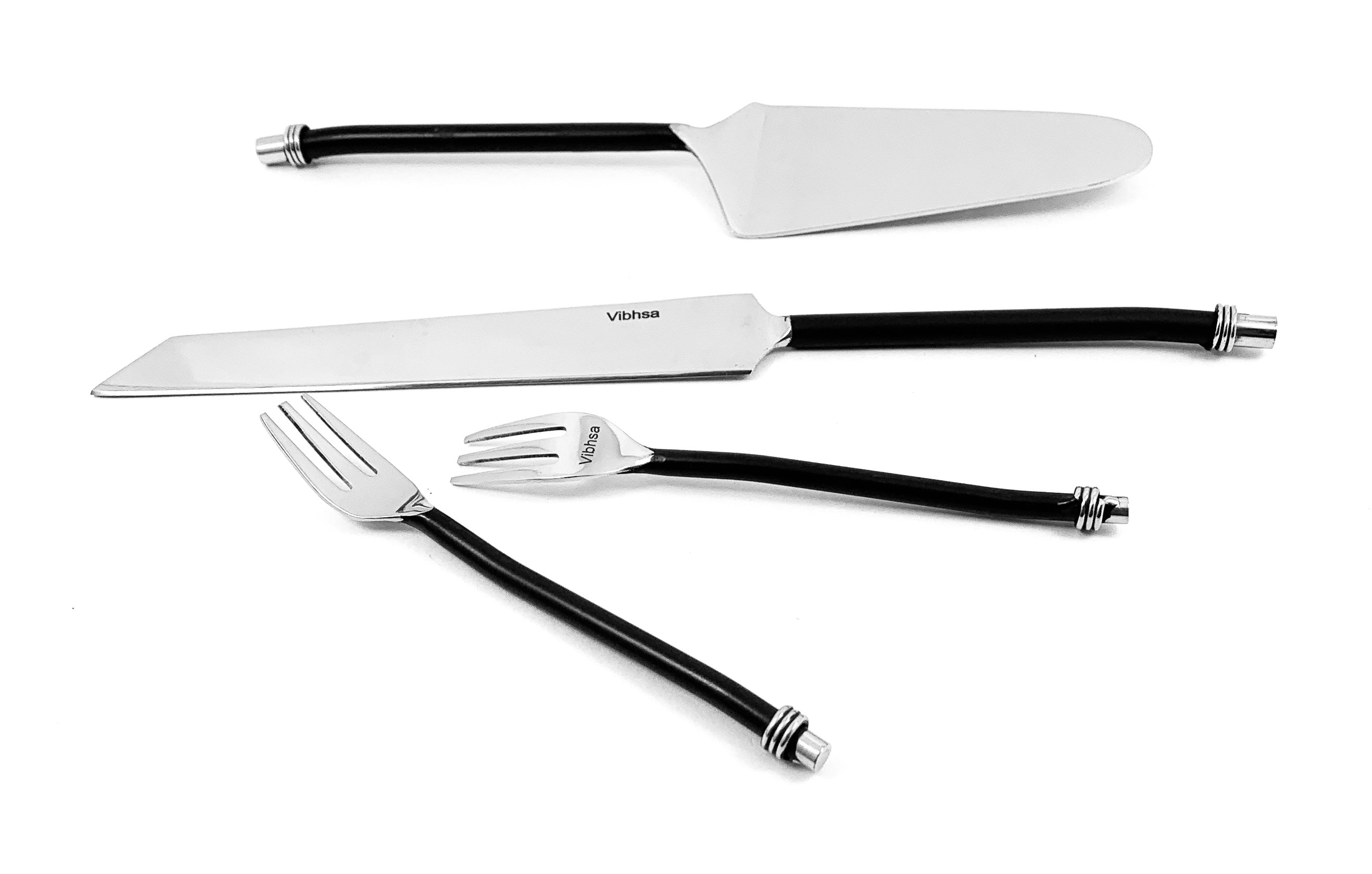 VIBHSA Vibhsa Cake Server, Knife and Cake Forks Set (Black, Twisted Handle)
