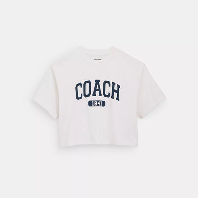 코치 COACH Outlet varsity cropped t shirt in organic cotton,white