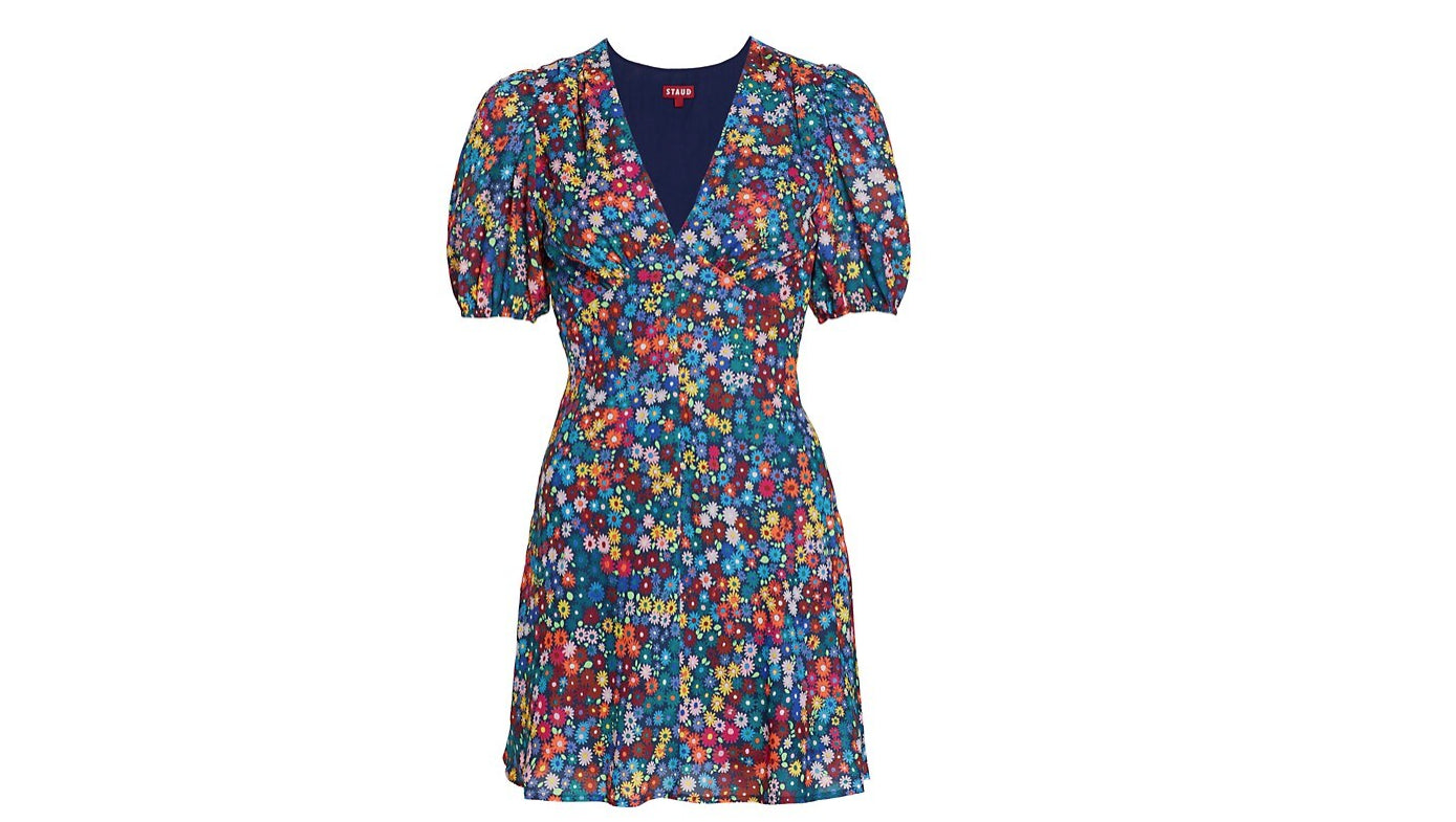 Shop Staud Women's Milla Mini Rainbow Flower Market Puffed Sleeves Lined V-neck Dress In Multi