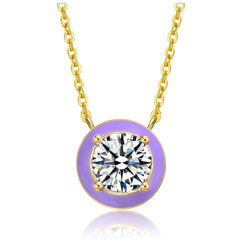 Shop Rachel Glauber 14k Yellow Gold Plated With Clear Cubic Zirconia Purple Enamel Round Pendant Necklace In Silver