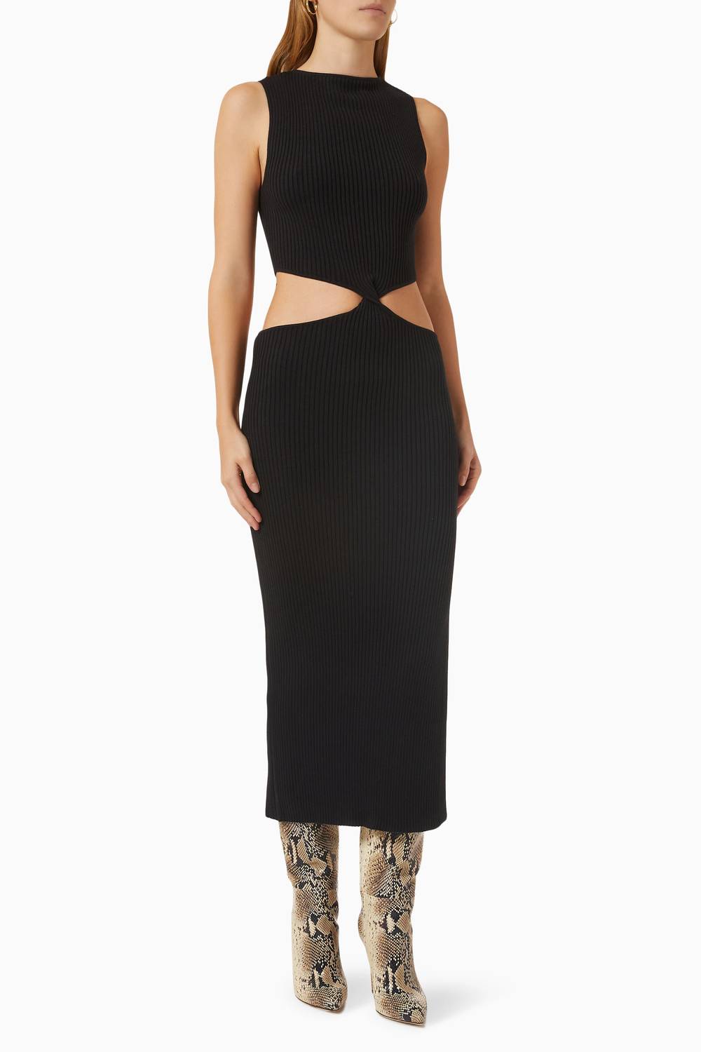 ANNA QUAN Kiera Twist Cut-Out Ribbed Midi Dress In Black