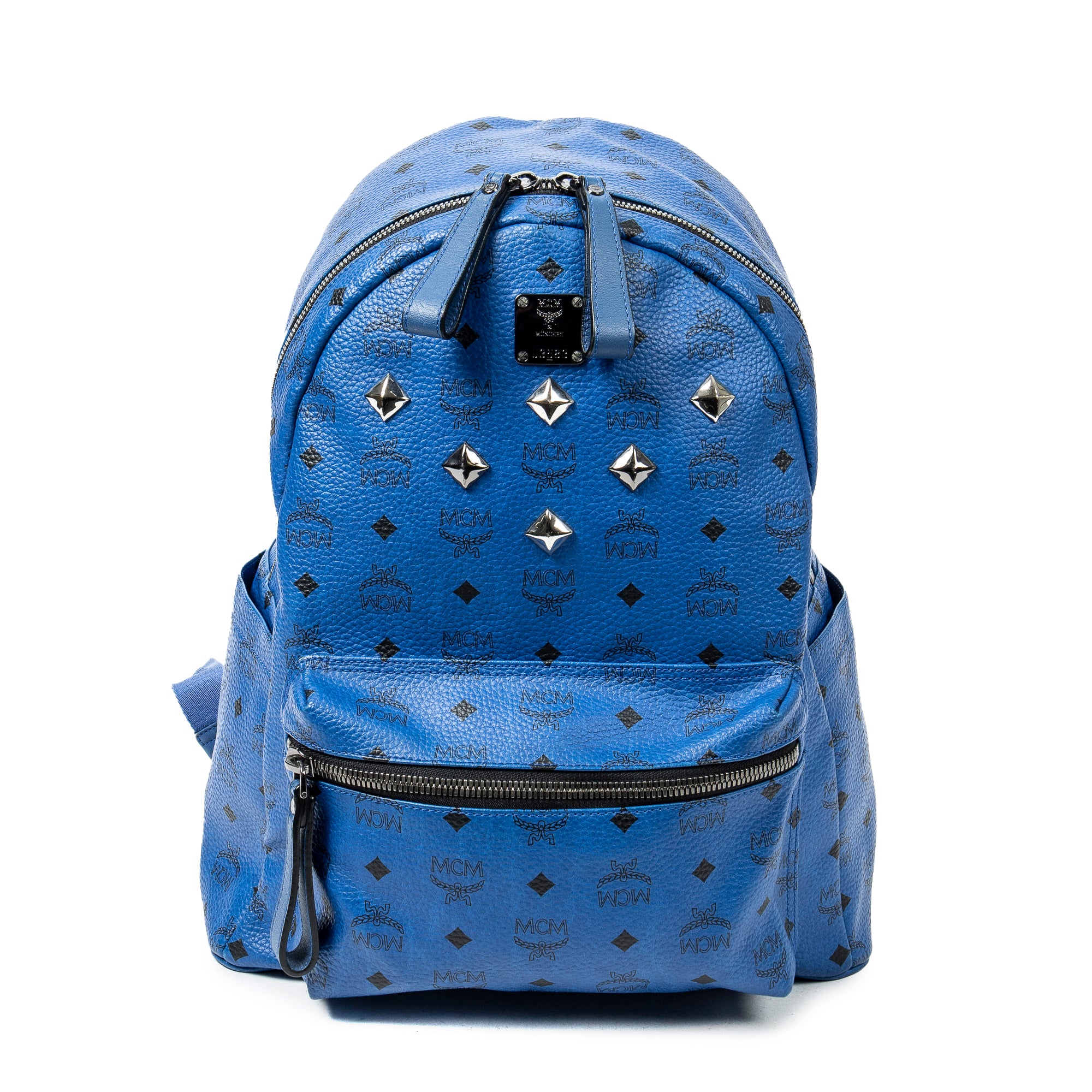 MCM, Bags, Mcm Stark Front Studs Backpack 33 In Blue Visetos Coated  Canvas