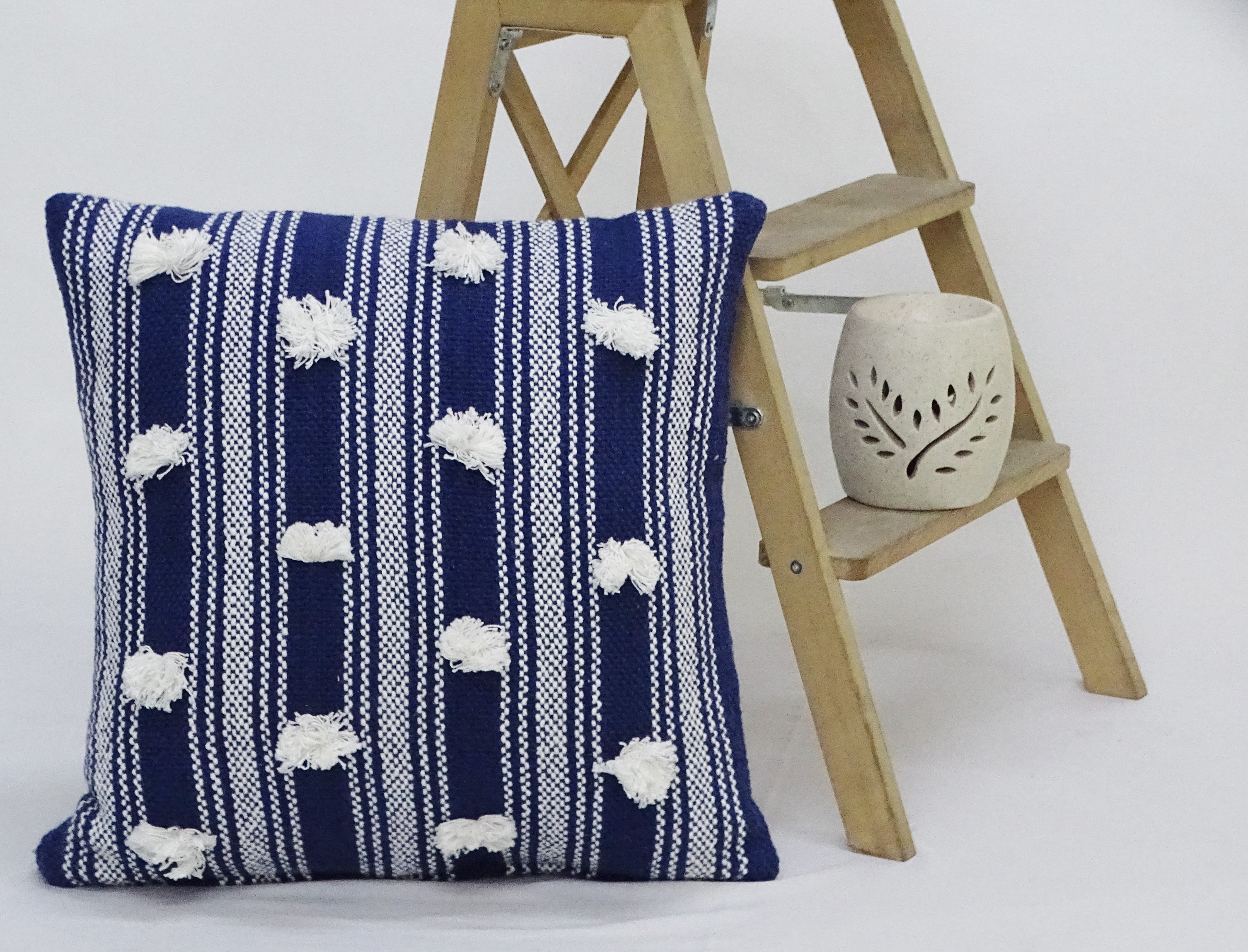 Vibhsa Blue Decorative Throw Pillow With Pom Pom In Burgundy