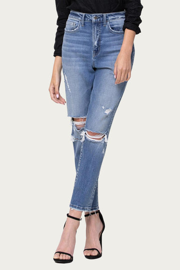 Flying Monkey comfort stretch high-rise distressed mom jeans in hollow